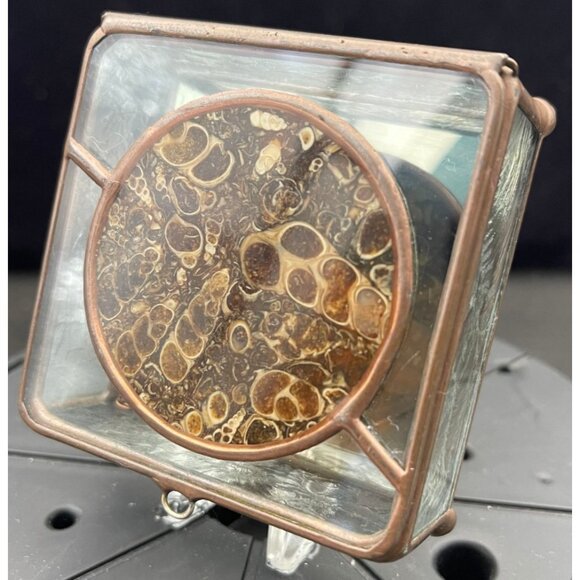 Turritella Agate / Fossil Hand Made Brass Glass Mirror Jewelry Box 1984 (2-3/4) - Picture 3 of 12